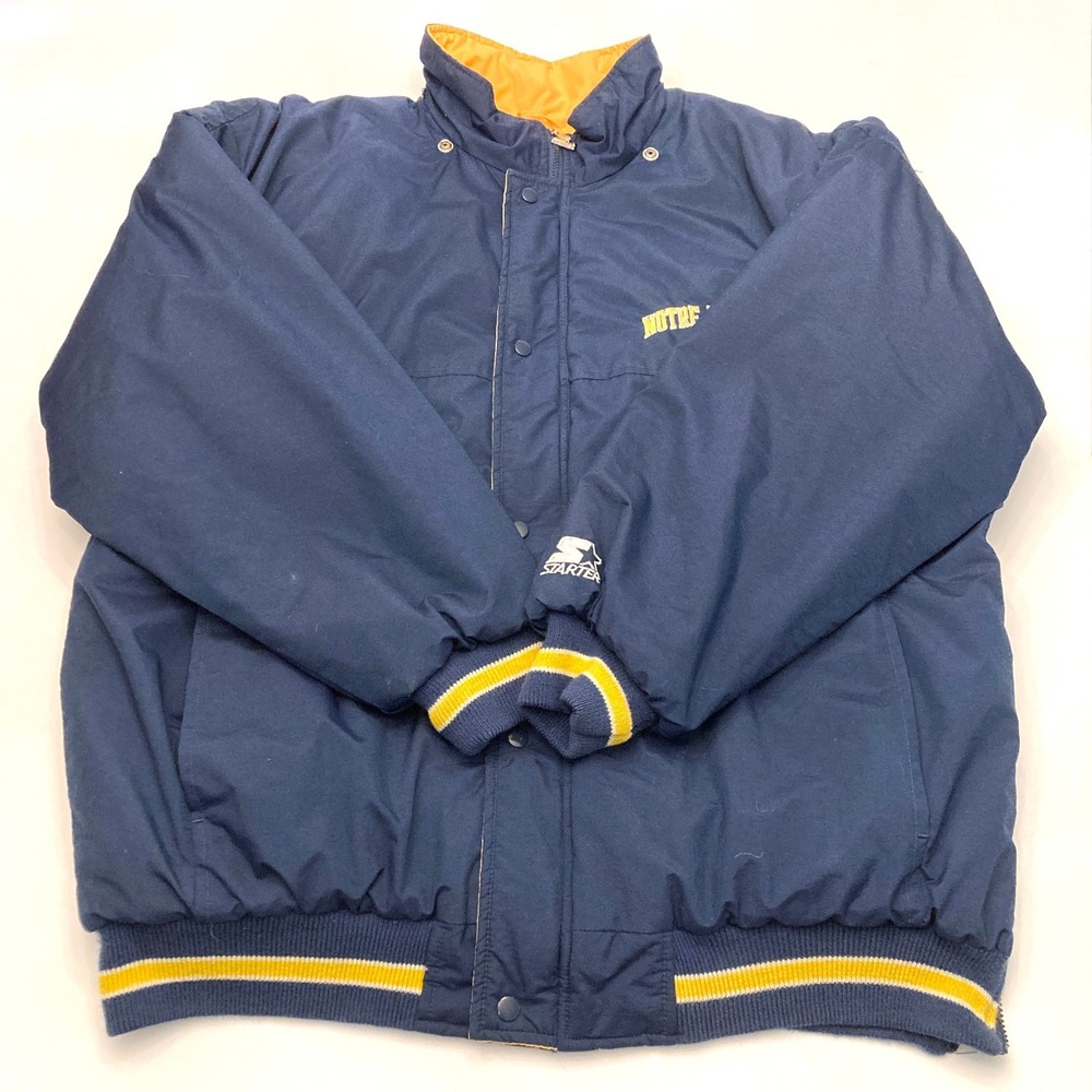Notre Dame Starter Jacket Coat Mens XXL Blue Yellow Quilted Lining No Hood Flaw